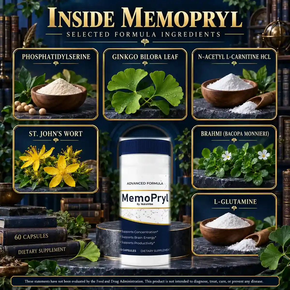 Inside Memopryl graphic from the brand: phosphatidylserine, ginkgo biloba leaf, N-acetyl L-carnitine HCl, St. John's wort, Brahmi and L-glutamine